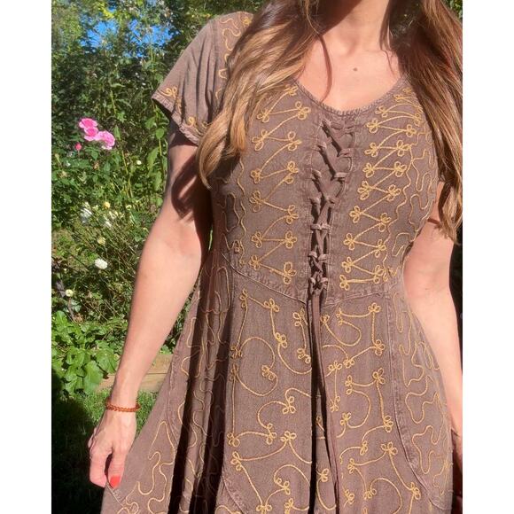 Embroidered lace-up mini dress Brown cocoa Boho Festival Forest - Picture 4 of 9